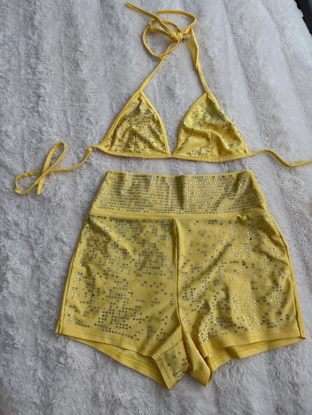 Banjul Yellow Studded Bikini Top and High-Waist Shorts Set
